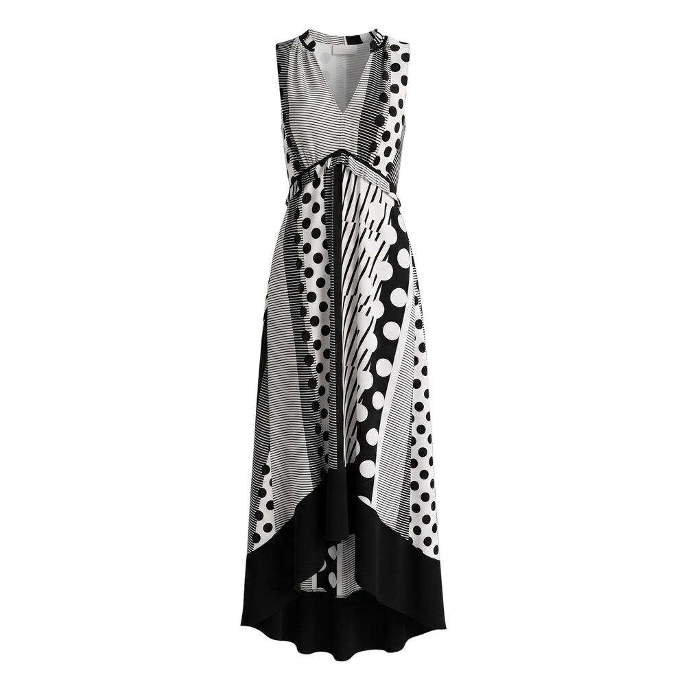Maeve Anthropologie Black and White maxi dress with abstract stripe print, polka